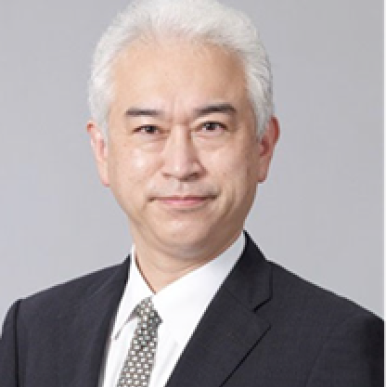 Shuichi Hosoda headshot Japanese man with white hair, wearing a black suit, looks into the camera